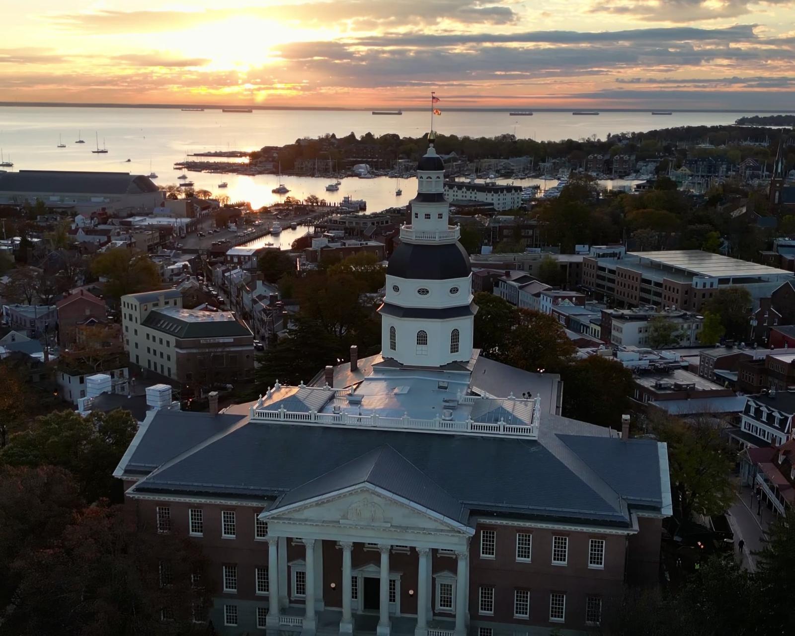 Aerial view of the Maryland State House and Annapolis harbour at sunset